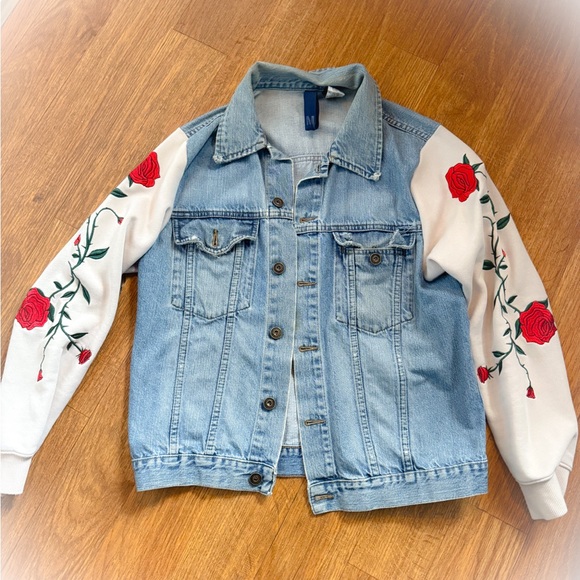 Custom made Denim Jacket with Floral Sweatshirt Sleeves - Picture 1 of 4